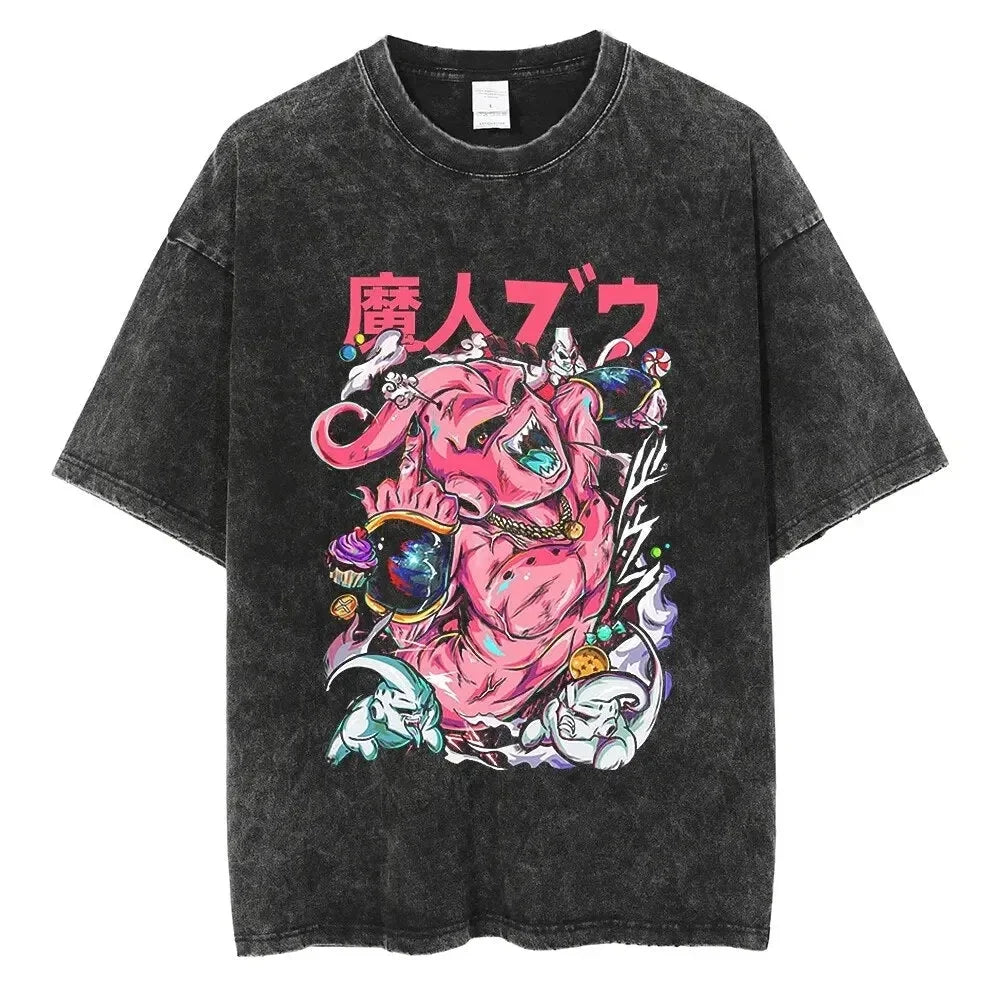 Anime Dragon Ball Cosplay Washed T-Shirt Cotton Short Sleeve Loose Large Casual Sports Fitness T-Shirt Men's Harajuku Clothing
